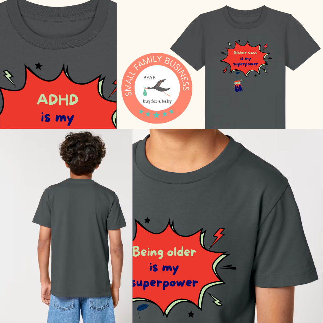 Collage of images showing how you could customise a dark grey t-shirt for an older sibling stating their superpower - ADHD is my superpower, for example