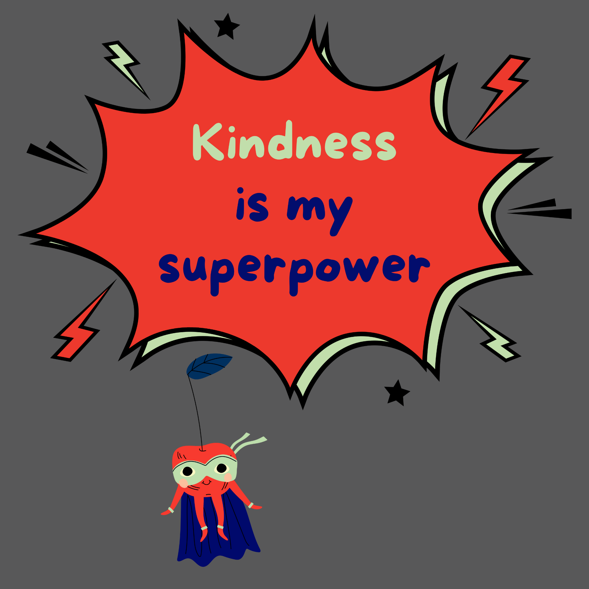 Close-up of a dark grey custom t-shirt for a new big brother or big sister that says Kindness is my superpower