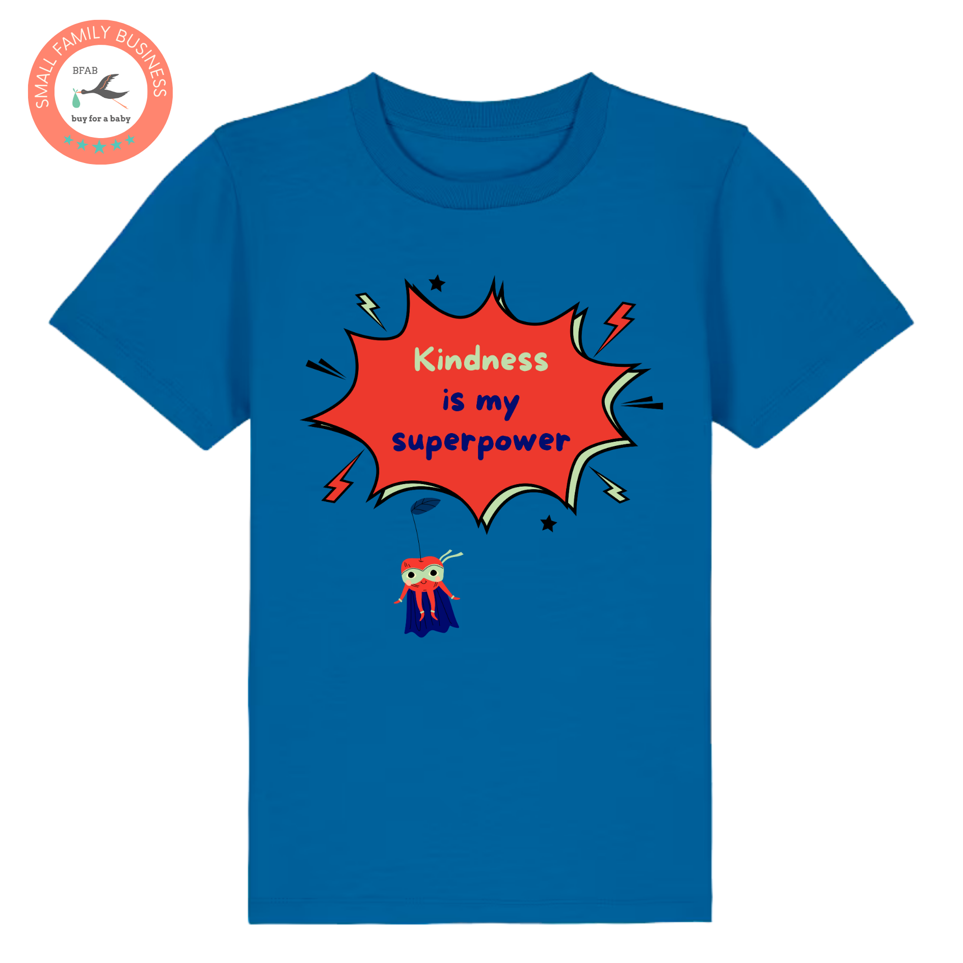 Close up of a blue custom siblings t-shirt that says Kindness is my superpower