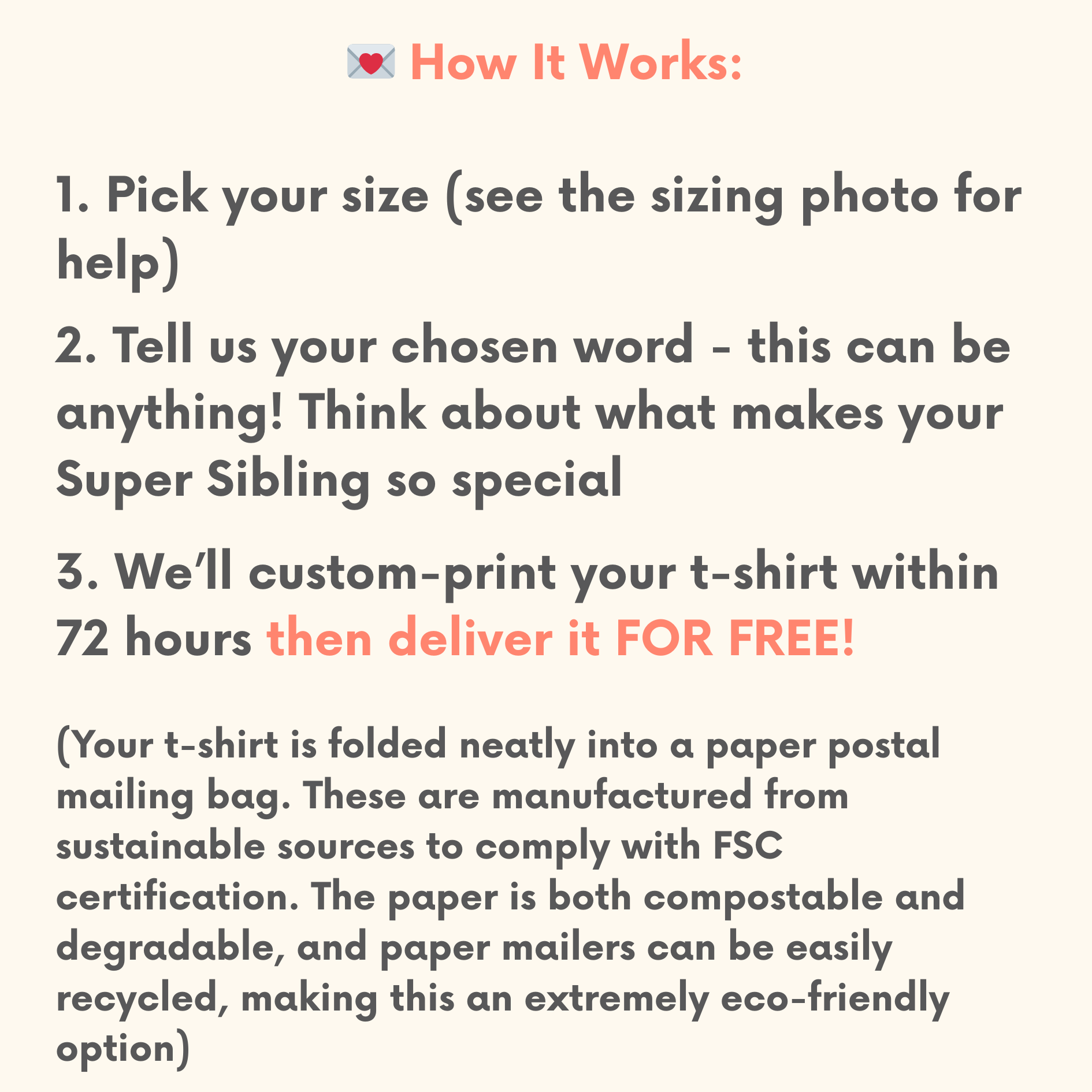 Text showing the steps to customise a t-shirt for a new sibling when buying a Superpower Threads t-shirt