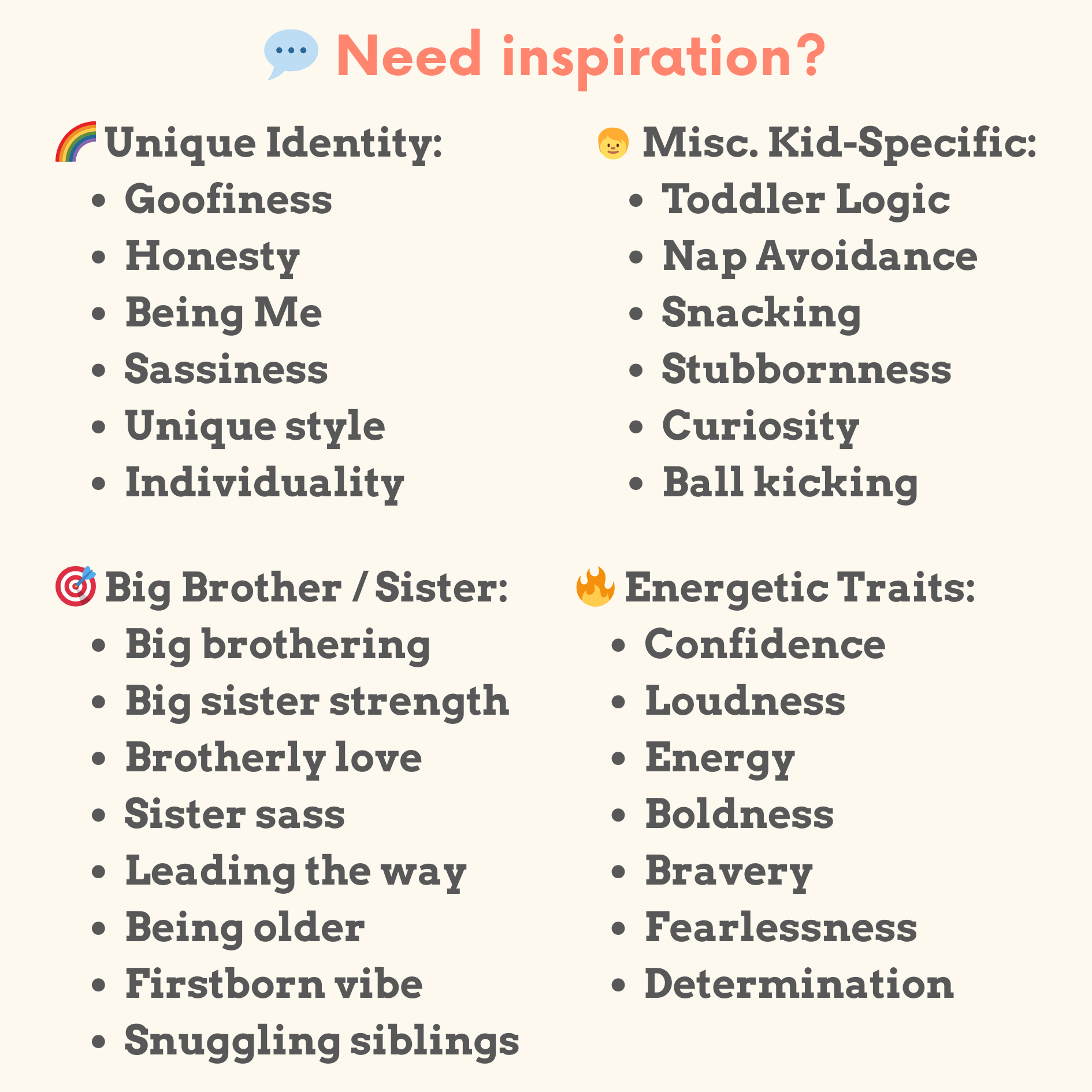 Lists of words for a custom t-shirt for a big brother or a big sister to say what their special superpower is