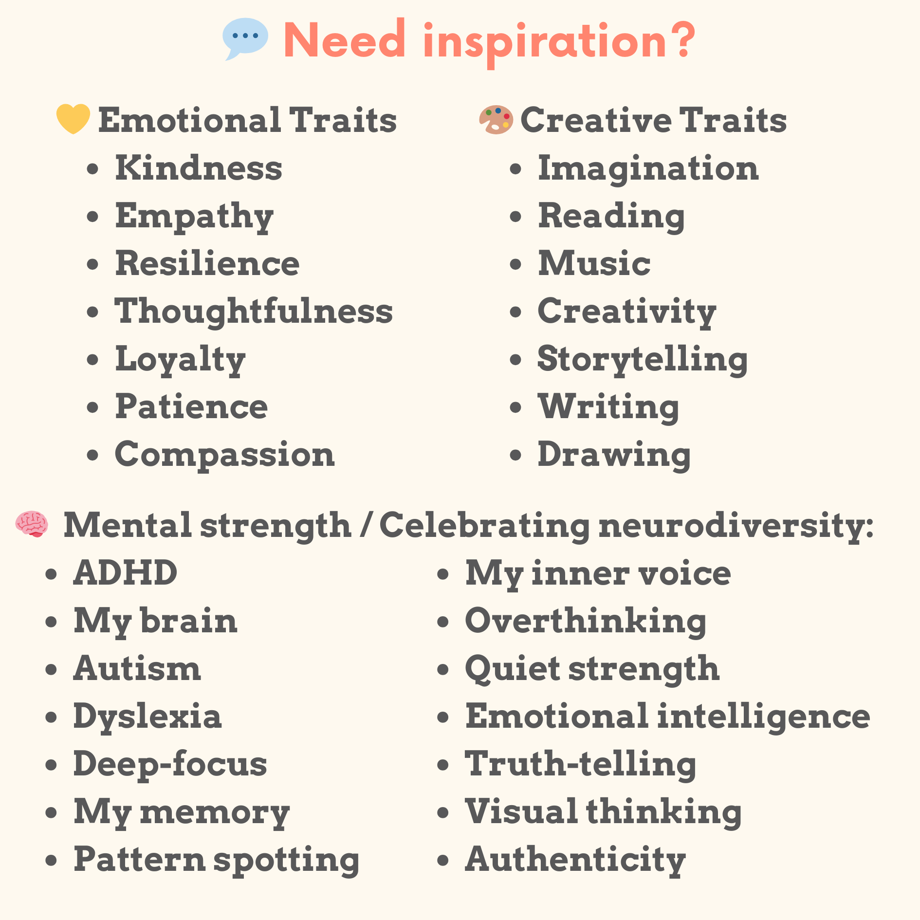 Lists of words to add to a custom t-shirt for a new sibling which says what their personal superpower is