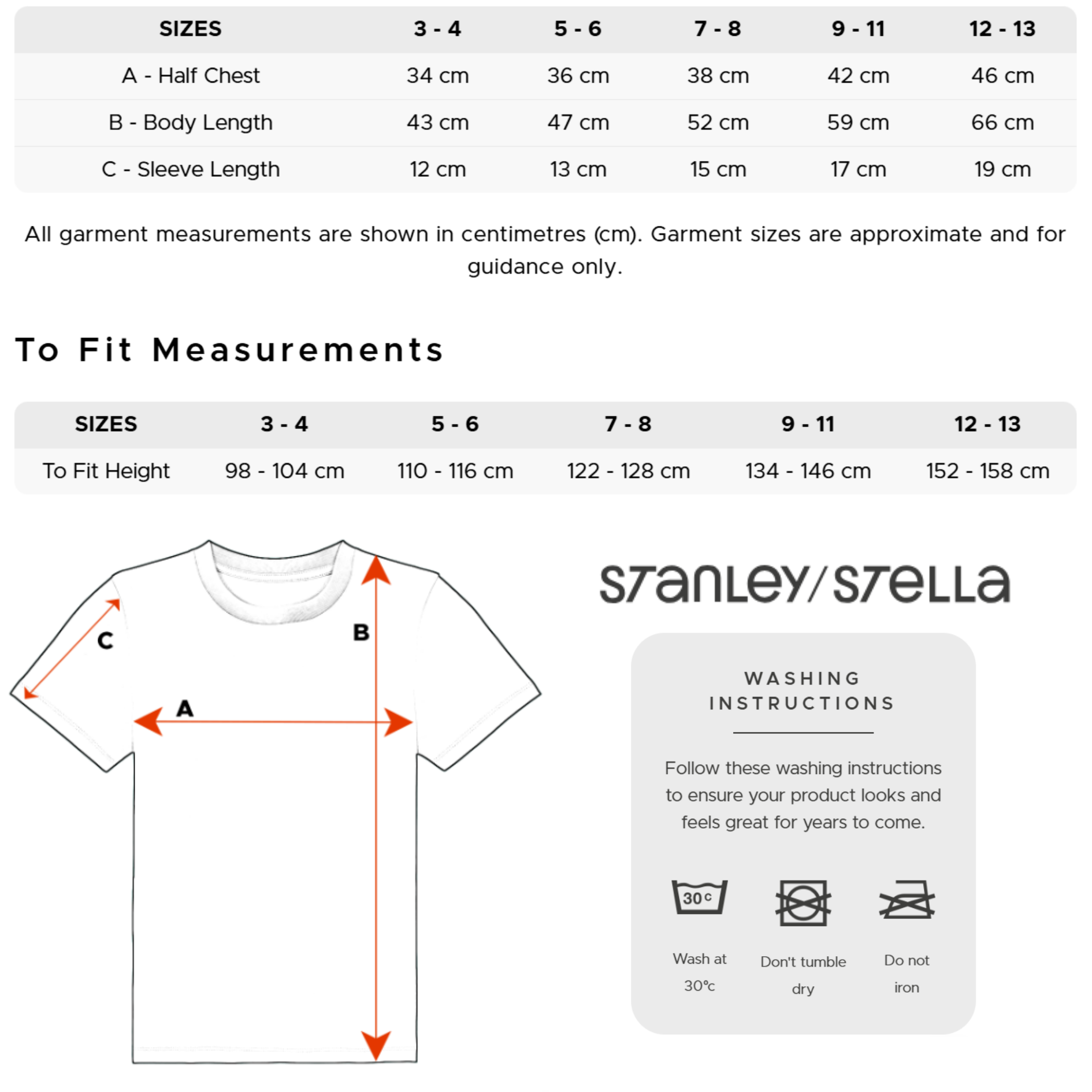 Sizing table showing the sizing for custom t-shirts made from the Stanley Stella range