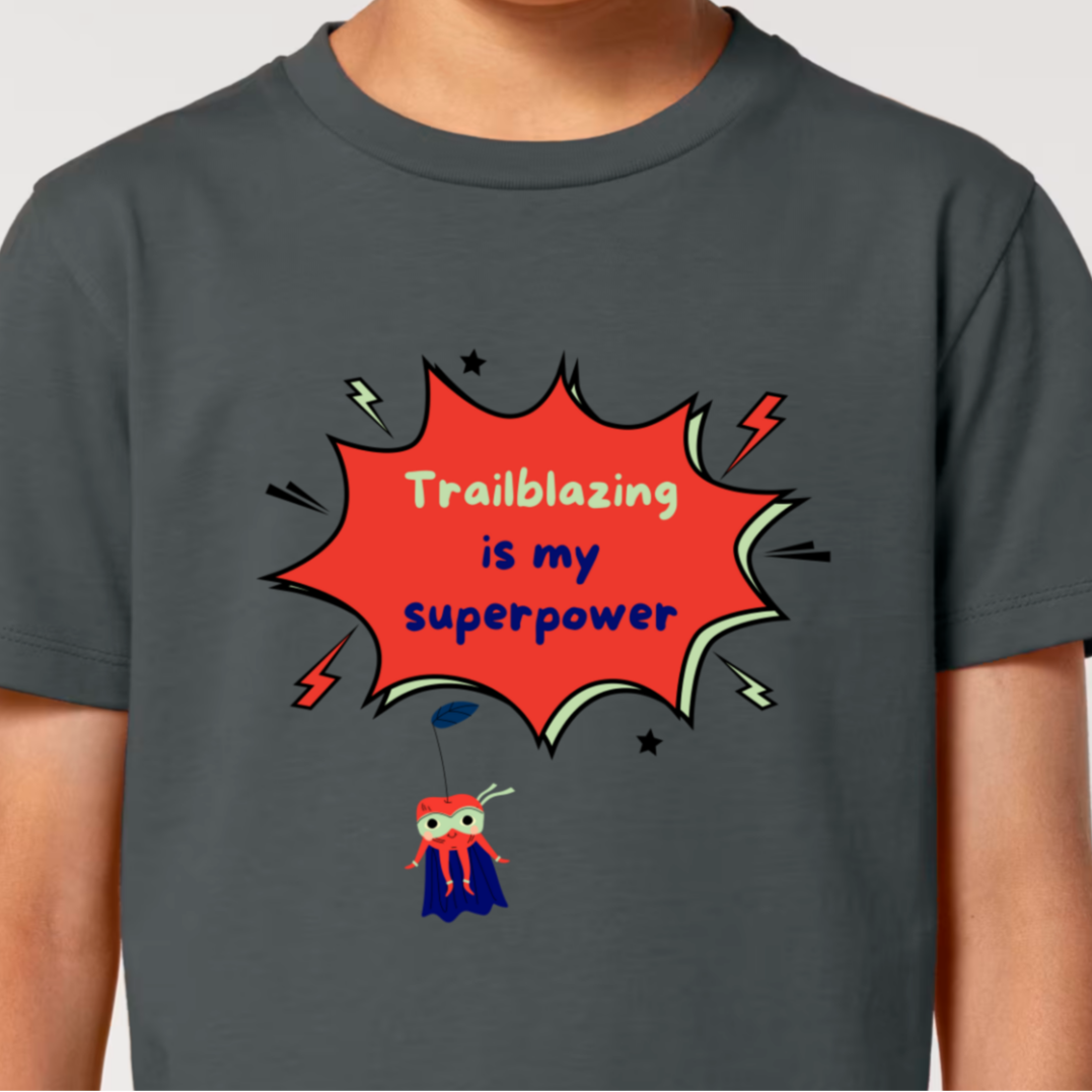 Close-up of a custom t-shirt made for a big brother or a big sister that says Trailblazing is my superpower