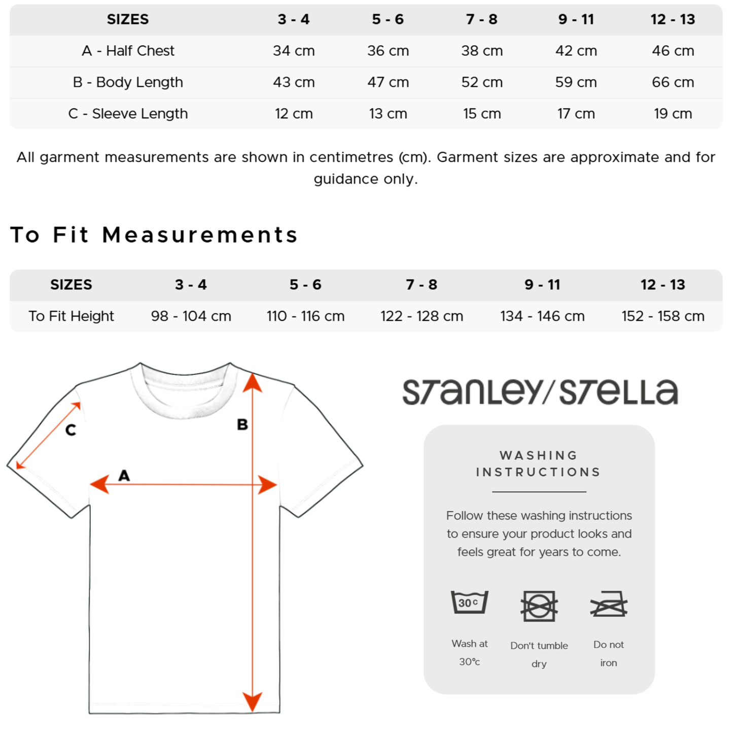 Sizing table showing the sizing for custom t-shirts made from the Stanley Stella range